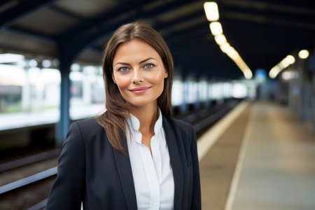 A happy businesswoman in front of information board at train station looking at camera.の素材