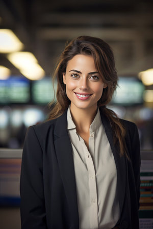 A happy businesswoman in front of information board at train station looking at camera.の素材