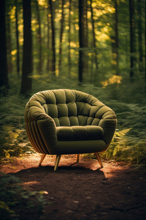 A green armchair in the middle of the forest.の素材