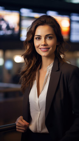 A happy businesswoman in front of information board at train station looking at camera.の素材