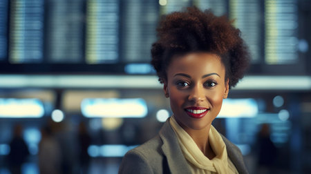 A happy businesswoman in front of information board at train station looking at camera.の素材