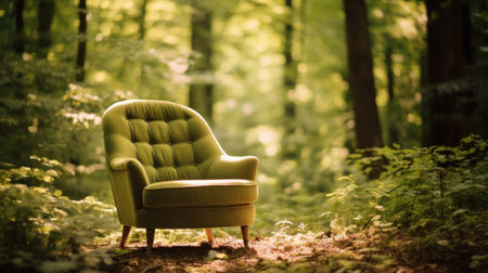 A green armchair in the middle of the forest.の素材