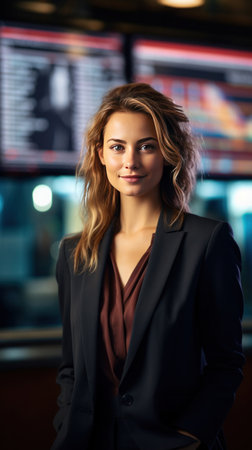 A happy businesswoman in front of information board at train station looking at camera.の素材