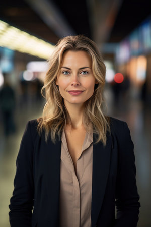 A happy businesswoman in front of information board at train station looking at camera.の素材