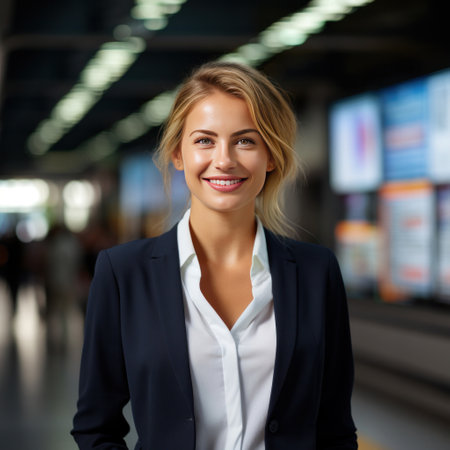 A happy businesswoman in front of information board at train station looking at camera.の素材