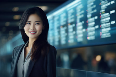 A happy businesswoman in front of information board at train station looking at camera.の素材