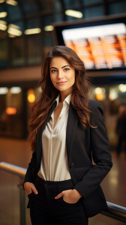 A happy businesswoman in front of information board at train station looking at camera.の素材