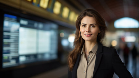 A happy businesswoman in front of information board at train station looking at camera.の素材
