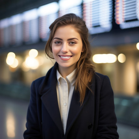 A happy businesswoman in front of information board at train station looking at camera.の素材