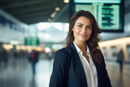 A happy businesswoman in front of information board at train station looking at camera.の素材