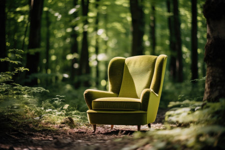 A green armchair in the middle of the forest.の素材