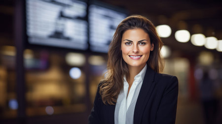 A happy businesswoman in front of information board at train station looking at camera.の素材