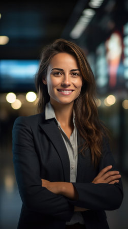 A happy businesswoman in front of information board at train station looking at camera.の素材
