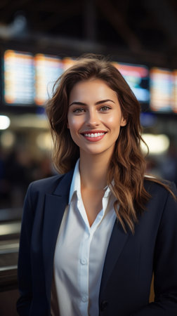 A happy businesswoman in front of information board at train station looking at camera.の素材
