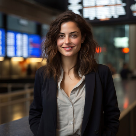 A happy businesswoman in front of information board at train station looking at camera.の素材