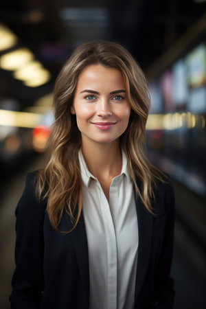 A happy businesswoman in front of information board at train station looking at camera.の素材