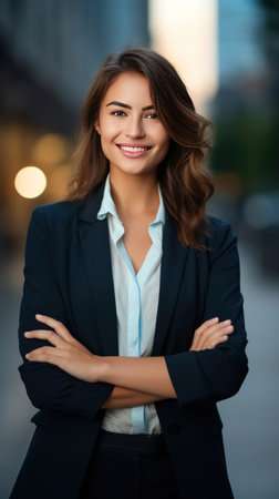 A young happy pretty smiling professional business woman, happy confident positive female entrepreneur standing outdoor on street arms crossed, looking at camera.の素材