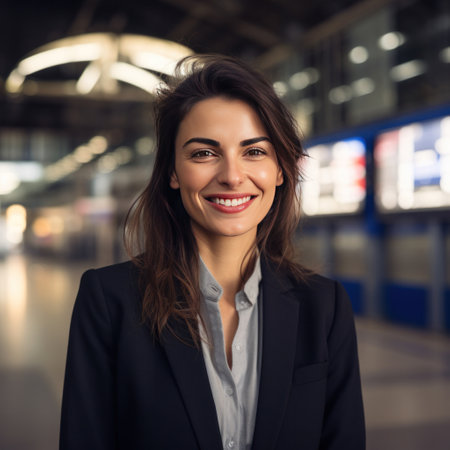 A happy businesswoman in front of information board at train station looking at camera.の素材