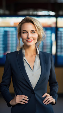 A happy businesswoman in front of information board at train station looking at camera.の素材
