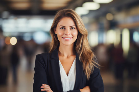 A happy businesswoman in front of information board at train station looking at camera.の素材