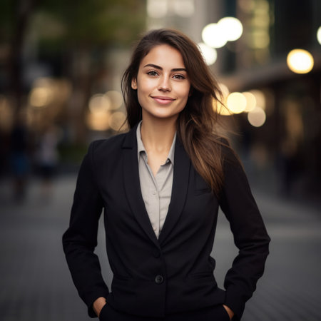 A young happy pretty smiling professional business woman, happy confident positive female entrepreneur standing outdoor on street arms crossed, looking at camera.の素材