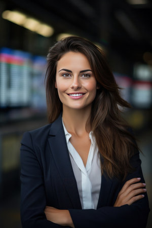A happy businesswoman in front of information board at train station looking at camera.の素材