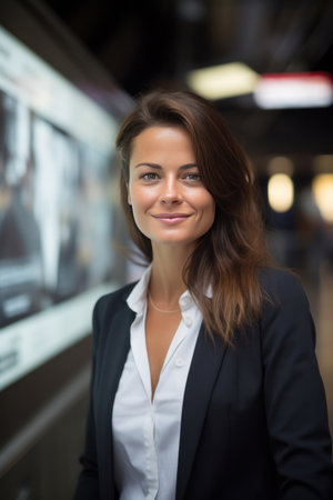 A happy businesswoman in front of information board at train station looking at camera.の素材
