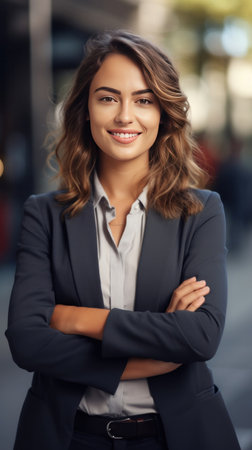 A young happy pretty smiling professional business woman, happy confident positive female entrepreneur standing outdoor on street arms crossed, looking at camera.の素材