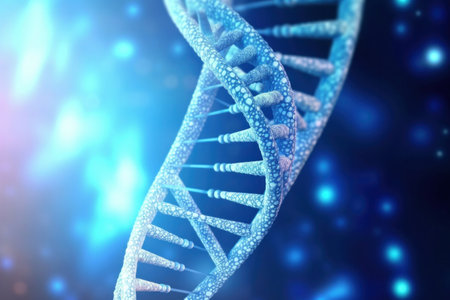 Close up of DNA in the distant future. View under the microscope. Blue helix background. Concept of the evolution of human.の素材