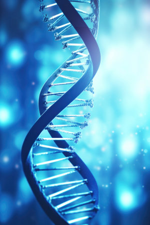 Close up of DNA in the distant future. View under the microscope. Blue helix background. Concept of the evolution of human.の素材