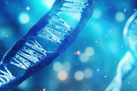 Close up of DNA in the distant future. View under the microscope. Blue helix background. Concept of the evolution of human.の素材