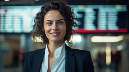 A happy businesswoman in front of information board at train station looking at camera.の素材