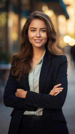 A young happy pretty smiling professional business woman, happy confident positive female entrepreneur standing outdoor on street arms crossed, looking at camera.の素材