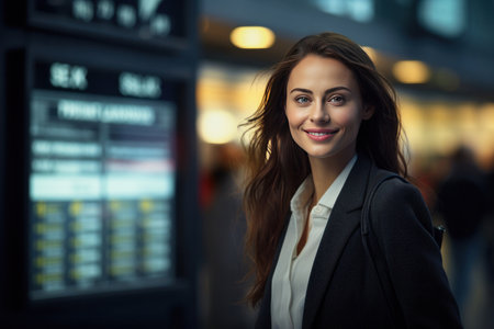 A happy businesswoman in front of information board at train station looking at camera.の素材