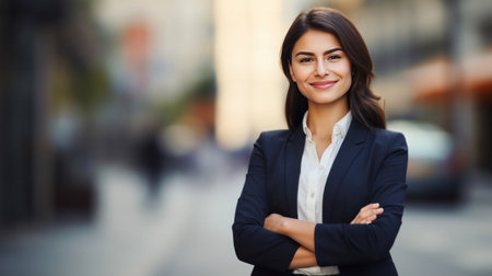 A young happy pretty smiling professional business woman, happy confident positive female entrepreneur standing outdoor on street arms crossed, looking at camera.の素材