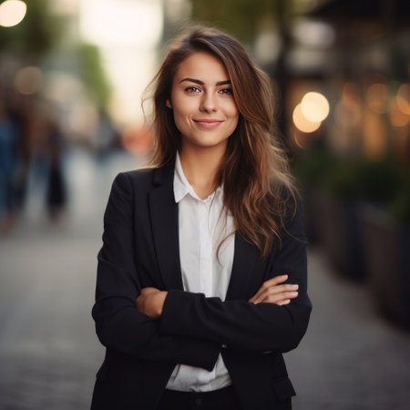 A young happy pretty smiling professional business woman, happy confident positive female entrepreneur standing outdoor on street arms crossed, looking at camera.の素材