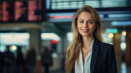A happy businesswoman in front of information board at train station looking at camera.の素材