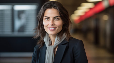 A happy businesswoman in front of information board at train station looking at camera.の素材