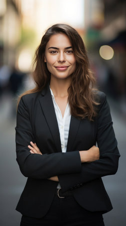 A young happy pretty smiling professional business woman, happy confident positive female entrepreneur standing outdoor on street arms crossed, looking at camera.の素材