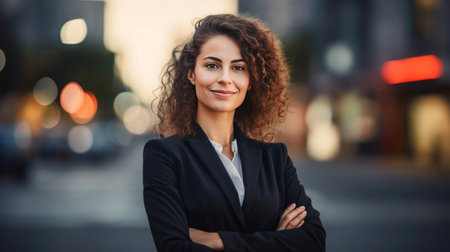 A young happy pretty smiling professional business woman, happy confident positive female entrepreneur standing outdoor on street arms crossed, looking at camera.の素材