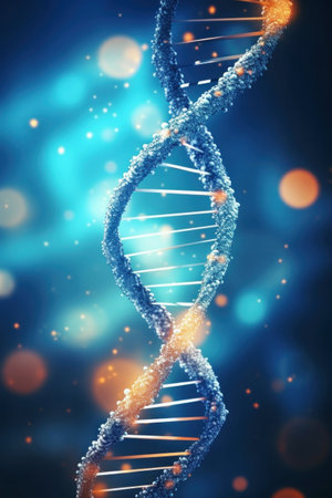 Close up of DNA in the distant future. View under the microscope. Blue helix background. Concept of the evolution of human.の素材