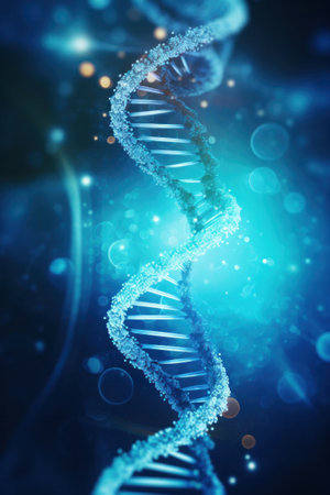 Close up of DNA in the distant future. View under the microscope. Blue helix background. Concept of the evolution of human.の素材