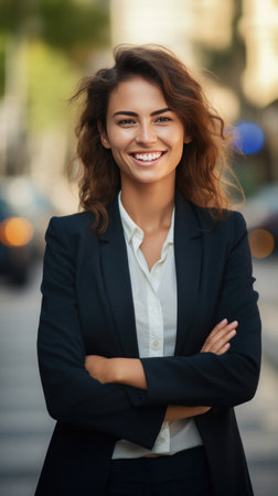 A young happy pretty smiling professional business woman, happy confident positive female entrepreneur standing outdoor on street arms crossed, looking at camera.の素材