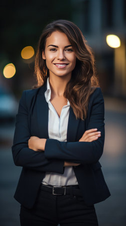 A young happy pretty smiling professional business woman, happy confident positive female entrepreneur standing outdoor on street arms crossed, looking at camera.の素材