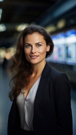 A happy businesswoman in front of information board at train station looking at camera.の素材