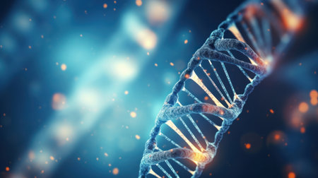Close up of DNA in the distant future. View under the microscope. Blue helix background. Concept of the evolution of human.の素材