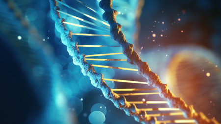 Close up of DNA in the distant future. View under the microscope. Blue helix background. Concept of the evolution of human.の素材