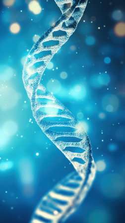 Close up of DNA in the distant future. View under the microscope. Blue helix background. Concept of the evolution of human.の素材