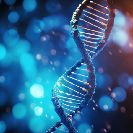 Close up of DNA in the distant future. View under the microscope. Blue helix background. Concept of the evolution of human.の素材