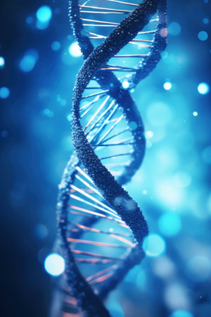 Close up of DNA in the distant future. View under the microscope. Blue helix background. Concept of the evolution of human.の素材